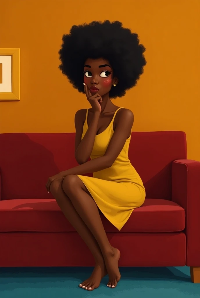 black woman, 24 years old, CURLY HAIR, Almost frizzy , with yellow dress,  she is sitting on a red couch in the center of a living room with orange walls.  Her feet are on a blue carpet . She seems thoughtful ,  is looking serious .
