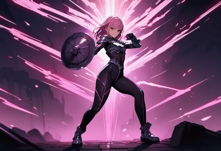 18 years old, pink medium length hair, brown eyes, in a full body leggings with armor, masterpiece, high quality, sword in right hand, shield in left hand, shoulders exposed, gloves, ready to fight pose, 4k, glow effect, crazy glow effect, cinematic atmosp...