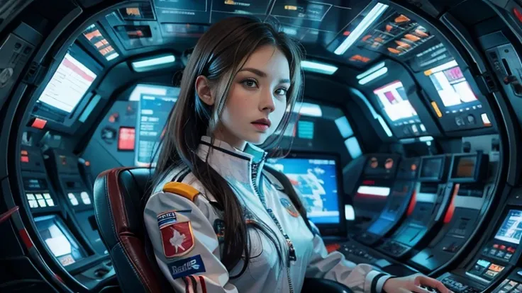 conceptual art,hyperrealism,Inside the spaceship,cockpit、 Beautiful Russian Woman 、Perfect inboard clothes 、 facing the control panel and making a serious face、 LED light is reflected on the face 、live-action、 photoreal