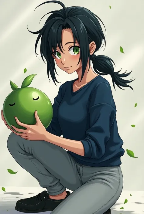  She is a very beautiful young woman with messy black hair up to her waist who wears tied in a low ponytail across her forehead, a thick tuft falls across her face, nose to her jaw, and has small, almond-shaped eyes similar to those of Android 18 but brigh...