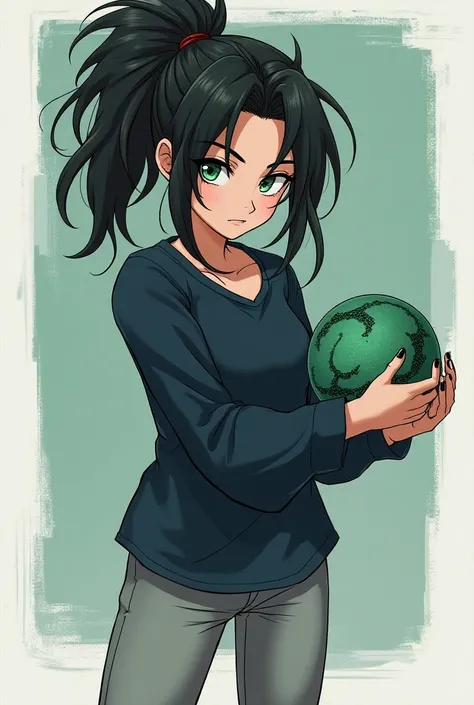  She is a very beautiful young woman with messy black hair up to her waist who wears tied in a low ponytail across her forehead, a thick tuft falls across her face, nose to her jaw, and has small, almond-shaped eyes similar to those of Android 18 but brigh...