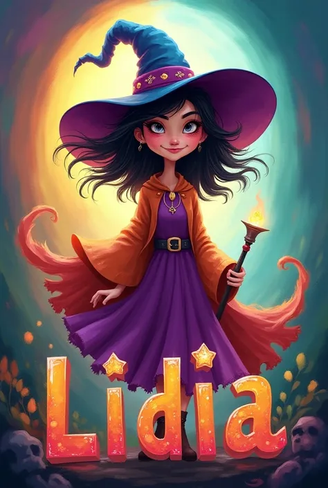 Animated witch with bright colors that have letters with the name of Lidia