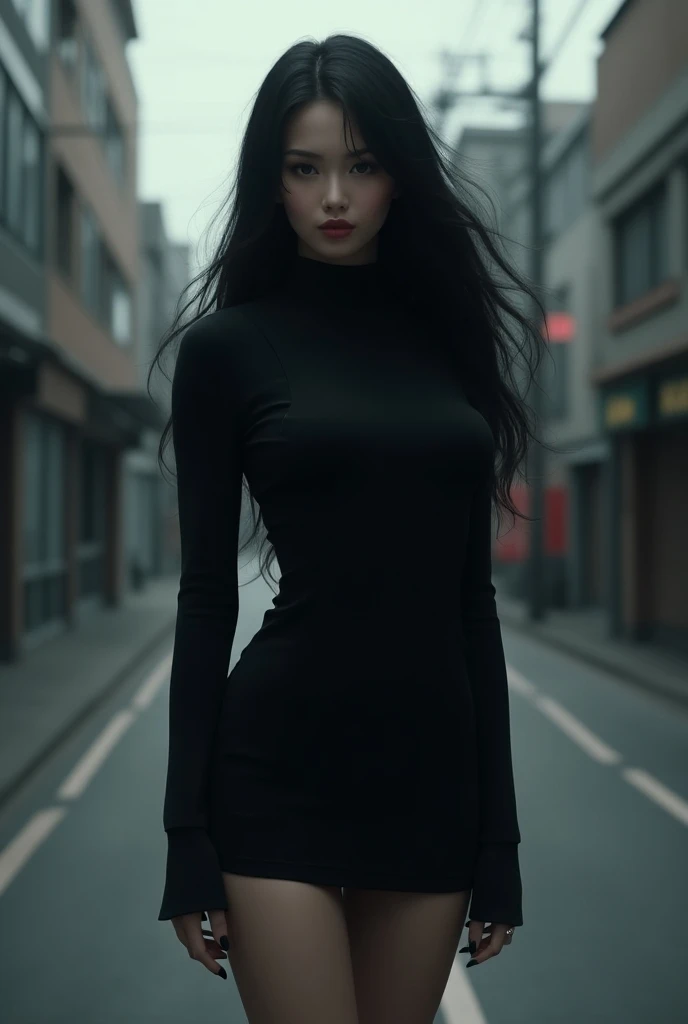 A woman with long black hair with bangs body guitar large hips wide waist thin waist brown and small eyes short and tight long sleeve dress on an empty street in Tokyo empty hands with big black nails
Without the Jujutsu Kaisen style guitar

