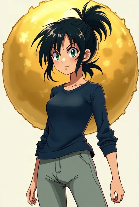  She is a very beautiful young woman with messy black hair up to her waist who wears a low ponytail around her forehead, a thick tuft falls across her face, nose to her jaw, and has small, almond-shaped eyes similar to those of Android 18 but bright green ...