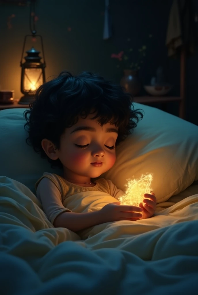 Indian boy in bed dreaming of receiving a letter from the king