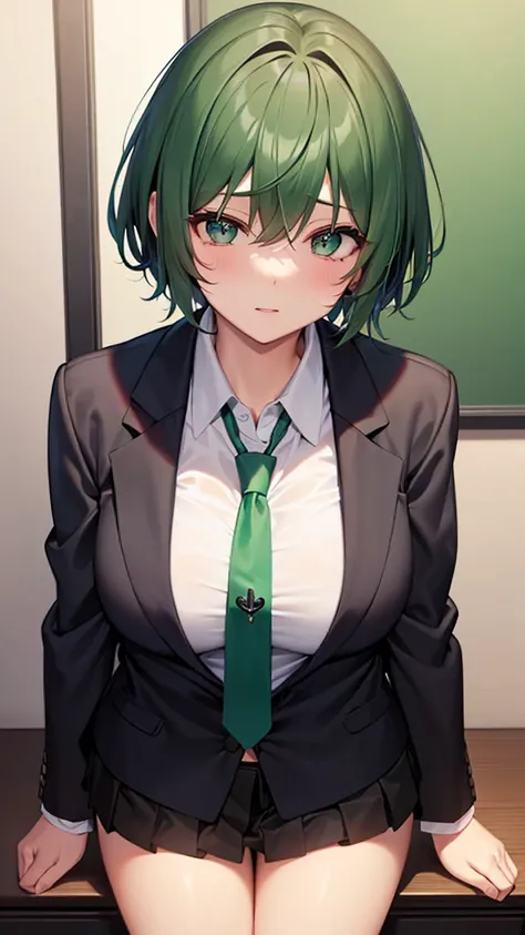 ｛Detailed vagina/Sex｝,  ｛ blazer and dark green tie          ｝,      cute short haired high school girl wearing blazer and dark green tie 