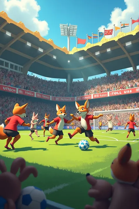 A forest animal soccer team scoring a goal in a crowded stadium