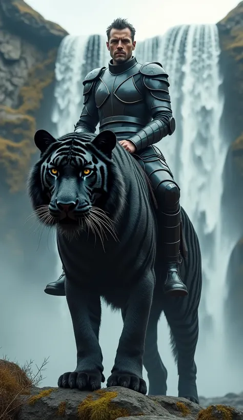 A 40-year-old modern man riding a black tiger with a saddle and armor-like armor on the edge of a cliff from which a lot of waterfall-like water falls around in front of the camera looking directly at a realistic image 