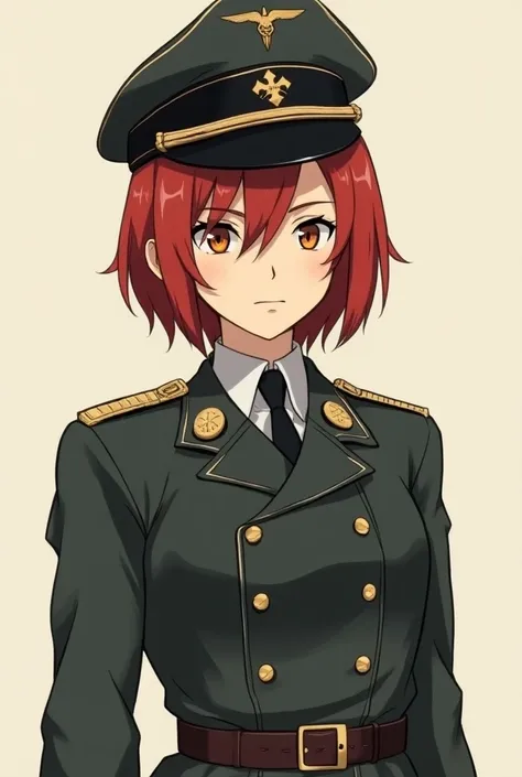  create a comic panel image of a serious woman with an orange eye , with a lock of hair covering your eye   , with short red red hair , wearing an old German military uniform ,make anime version ,Put on a military hat put her full body on the image 