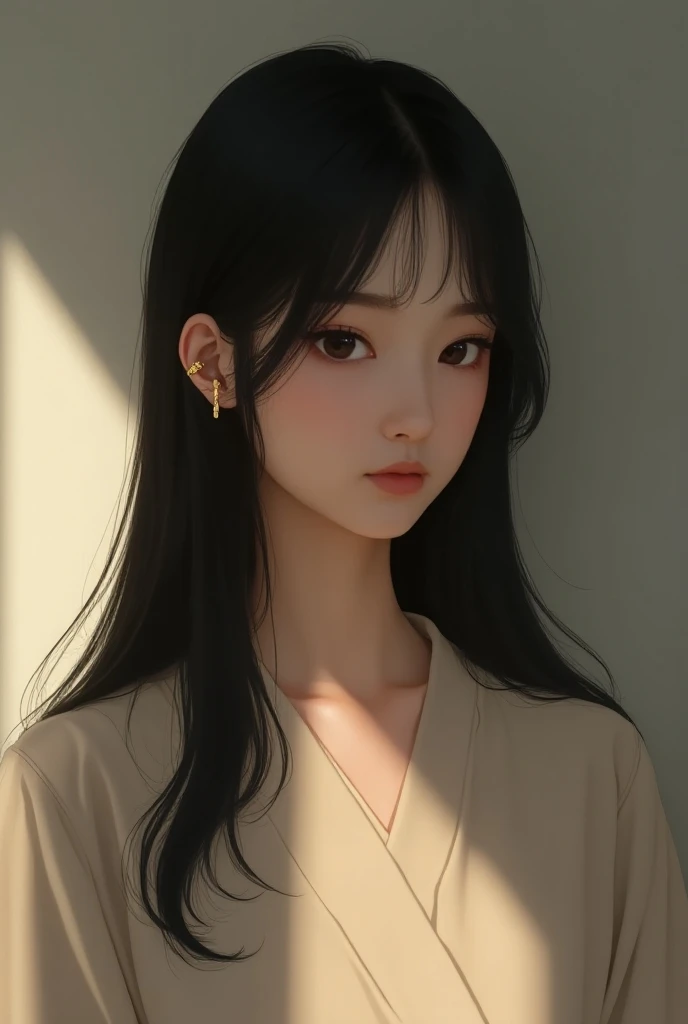 「 and is a portrait of a simple, minimalistic young woman。 she has long straight black hair 、 she looks down modestly 。 is dressed in a calm neutral shade 、 accented with gold earrings 。 The background is illuminated with soft light 、 creates a quiet and i...