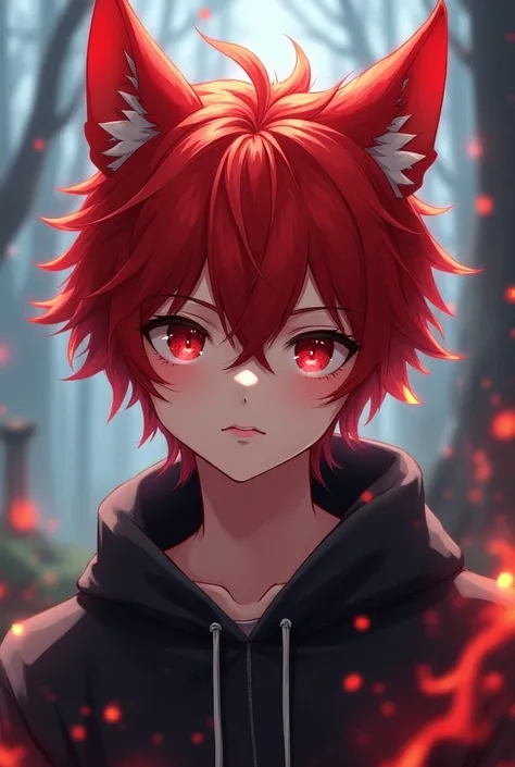 19-year-old anime boy with red hair and red wolf ears 