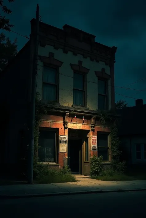 Abandoned nightclub with terrifying danger signs at the end of a neighborhood street with terrifying atmosphere and public lighting