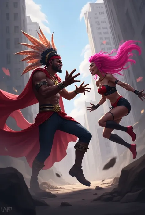 Rakan from League of Legends shouting at Jinx from League of Legends  "Jinx, It&#39;s not worth it"  dramatically stretching out his hand and Jinx running to the other side