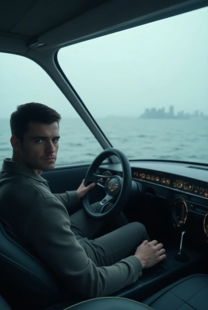 lonely and serious young man looking towards the camera, sitting driving his car with futuristic steering wheel with roof and no wheels and with futuristic and technological flying design, looking at the panoramic view of the ocean with fog and sky with mi...