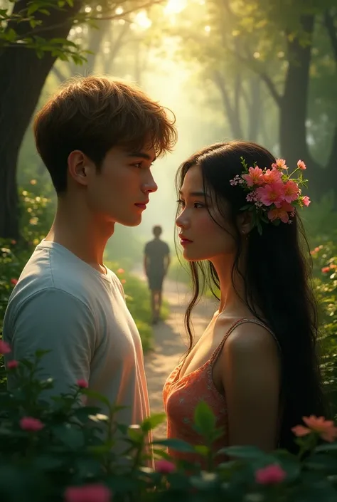  Poto 100k ultra HD realistic and very real details featuring two people ,  a young man and a woman ,  with a very natural and magical atmosphere .  Man on the left has light brown hair that looks like it blends into the green foliage ,  while the woman to...