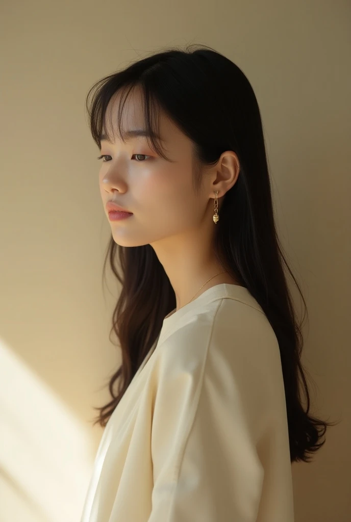 「The photo was taken indoors with natural light at 4K resolution.、A natural portrait of a young woman.。 she has long straight black hair 、She is looking softly to the side and gazing downward.。She is wearing a simple top in a calm cream color.、The modest g...