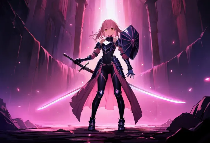 18 years old, pink medium length hair, brown eyes, in a full body leggings with armor, masterpiece, high quality, sword in right hand, shield in left hand, shoulders exposed, gloves, standing pose, 4k, glow effect, crazy glow effect, cinematic atmosphere, ...