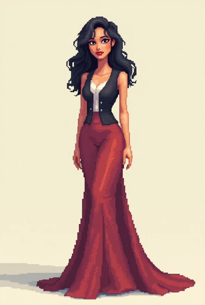 A pixa-style woman in a long dress covered with a smart vest with long hair with fair skin called Brenda Venezolana 

