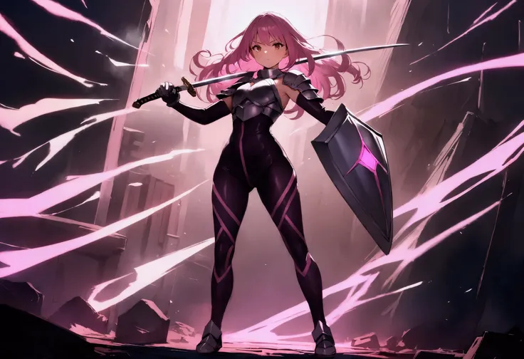 18 years old, pink medium length hair, brown eyes, in a full body leggings with armor, masterpiece, high quality, sword in right hand, shield in left hand, shoulders exposed, gloves, ready to fight pose, 4k, glow effect, crazy glow effect, cinematic atmosp...