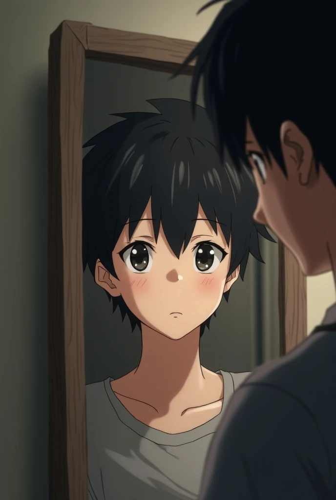 A dark-haired anime character with a pleasant looking man looking in the mirror 