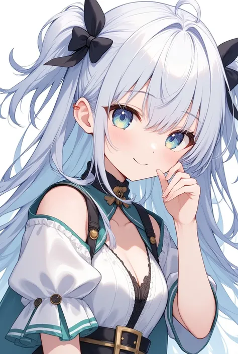 1 white-haired girl, wearing armor, green eyes, shy, smiling, bright lines and vivid colors, white theme artwork