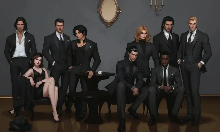 there are a group of people in BLACK suits posing for a picture, in the art style of bowater, highly detailed exquisite fanart, neoartcore and charlie bowater, official fanart, by Elena Guro, style of arcane tv series, mafia background hyper detailed, grou...