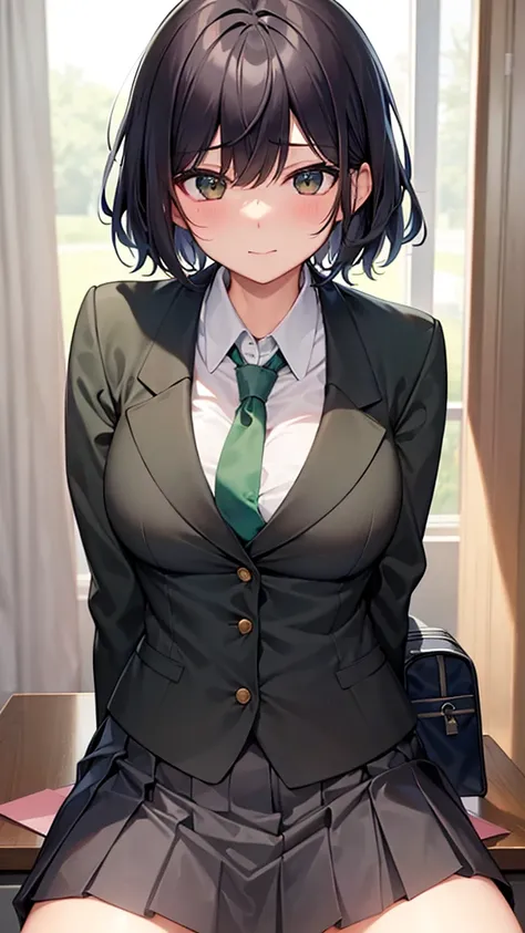   ｛ blazer and dark green tie          ｝,     cute short haired high school girl wearing blazer and dark green tie             , cute short-haired schoolgirl wearing a pleated skirt    /Panty shot,  blazer and dark green tie   を着たを着たかわいい短髪の女子高生,Woman stand...