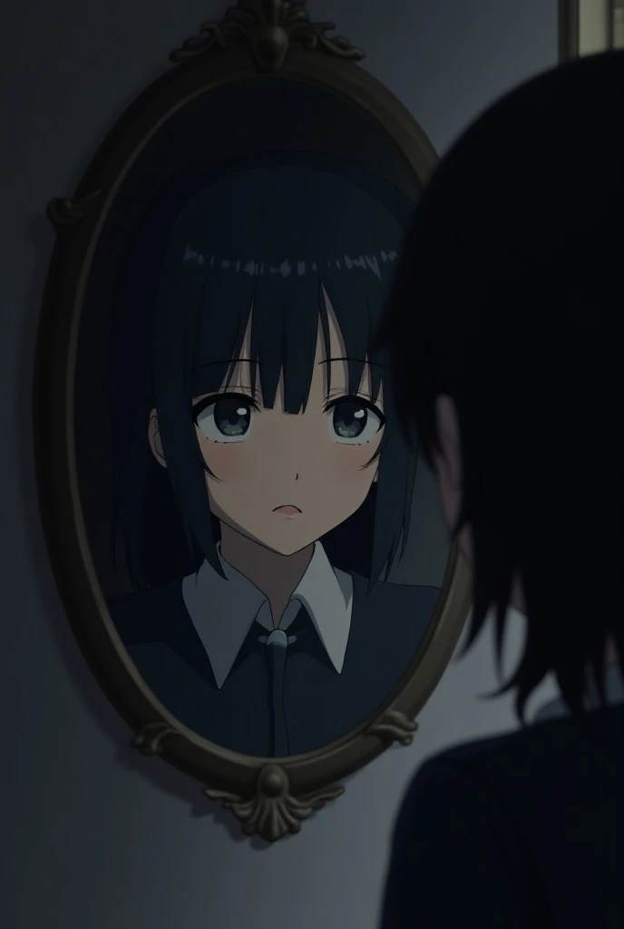 A dark-haired anime character looking in the mirror looking seriously while smiling