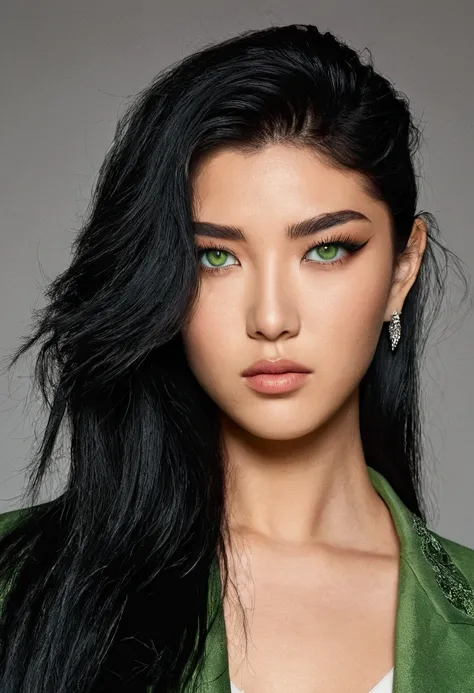  French with Asian descent with light green eyes, and black hair in Mullet style ,Do you have a look like  "siren eyes"  giving off a mystery vibe and Famele Fatale 