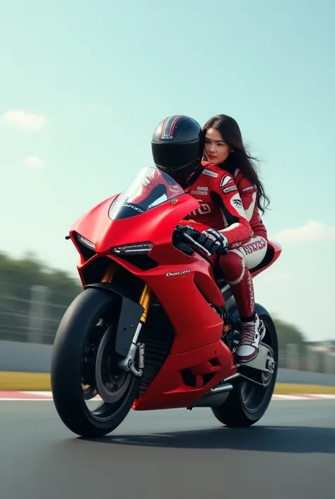 
" A pair of korean lovers are riding a red Ducati MotoGP racing bike on a racing track.  The man in front is wearing a racing suit  ,  controls the bike with focus .  The woman behind him sits tightly ,  holding the waist the man ,  wearing matching racin...