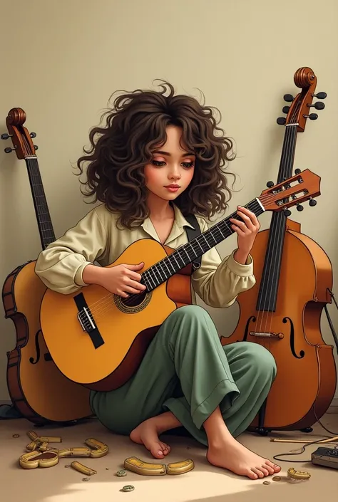 Create an illustrated drawing of a curly haired girl, loose pants, loose blouse playing the guitar and close to various instruments  