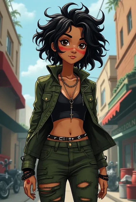  a young adult, light skinned, black wavy hair, with an oval face shape ,  wearing punk-style clothing ,  with all the appearance based on the art style of Teenage Mutant Ninja Turtles from 2012.