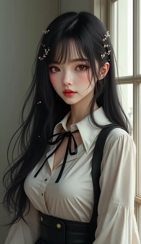 a highly detailed photorealistic portrait of a beautiful young woman with long black hair, wearing an office lady outfit with wide sleeves and ribbon accessories, standing and looking directly at the viewer, detailed facial features including eyes, nose, l...