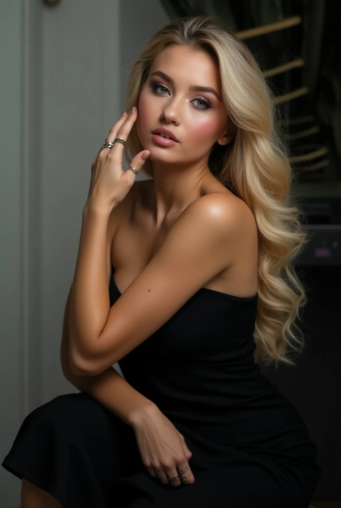  Create advertising where the phrase  " megapack beauty culture "  appears and a beautiful blonde with long hair appears wearing makeup and wearing an elegant black dress 
