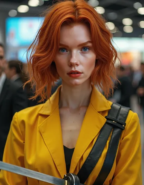 a 22 year old redheaded teen with blue eyes and freckles, an Instagram model with short wavy hair, she is cosplaying as Beatrix do from Kill Bill. She is wearing the iconic bright yellow jumpsuit with black stripes, and she is posing holding a katana in fr...