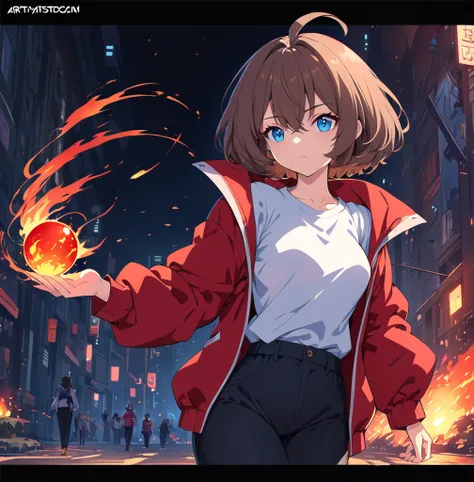 a girl in a jacket holding a fire ball, short hair, bangs, blue eyes, brown hair, shirt, long sleeves, hair between eyes, closed mouth, white shirt, ahoge, open clothes, pants, open jacket, black pants, red jacket, pyrokinesis, body fur trending on artstat...