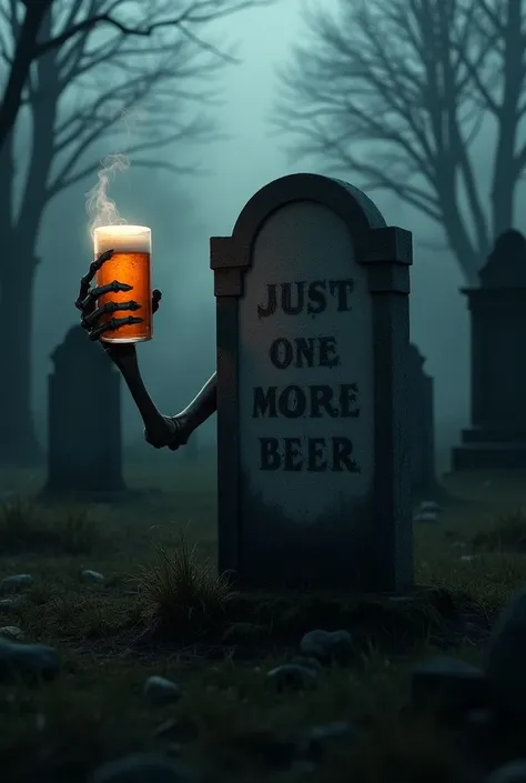 (photorealism:1.2),  A photo of a scare graveyard scene at dusk, with mist swirling around an old, weathered gravestone. The inscription on the gravestone reads "Just One More beer." Emerging from the gravestone, a skeletal hand clutches a steaming a glass...