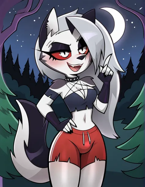 loona(jizokumode ), hellhound, red sclera, loona ( hello boss ), regatta, fingerless gloves, excited, blep, forest, night, stars...