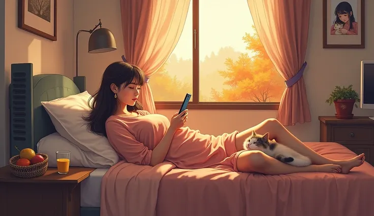  A girl in bed her room playing with her cell phone , Next to the bed a computer and her sleeping cat next to it,  in the back of it a window showing autumn and a picture of herself carrying her cat. Next to the bed a small table with a basket of fruit and...