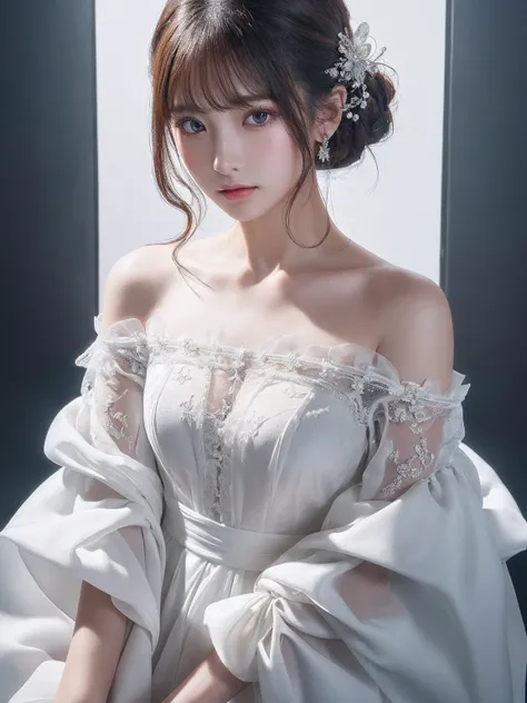 (( best quality)),( super high definition),(Super detailed),(Detailed explanation),((The best CG)),(a masterpiece),Ultra-detailed art、See-Through 2.0、Off the shoulder、White background、Pure white space、