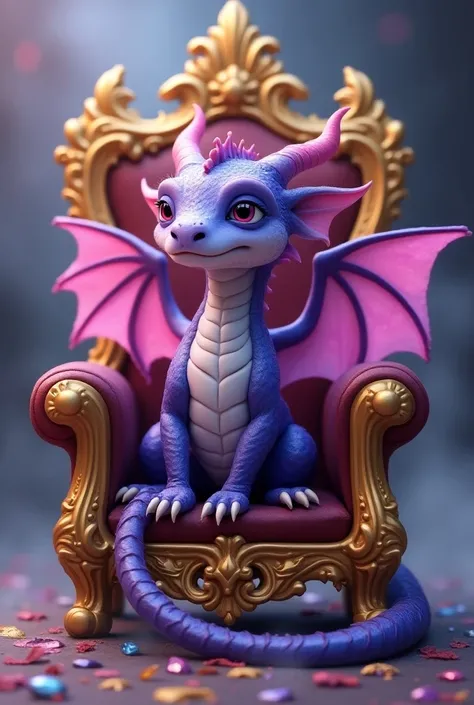 Fait moi un dragon violet qui louche assis sur un trone en or