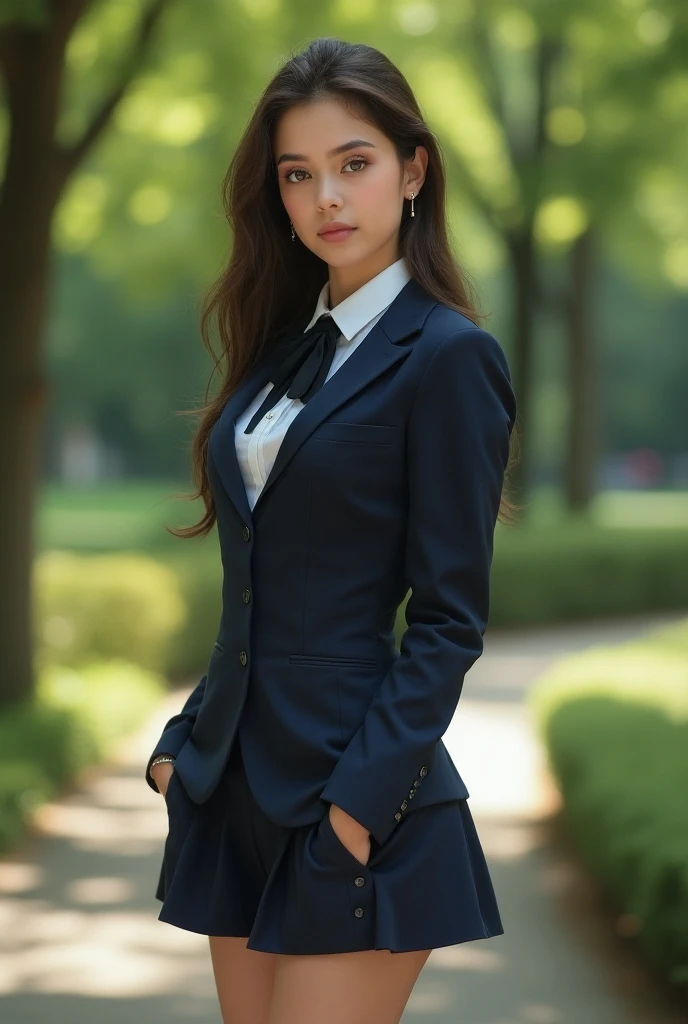  old teenage girl,  beautiful face with beautiful body that highlight their feminine attributes ,  in school uniform than the Aga see sexy for men   . full body standing photo , in the park. The best and most realistic photo quality  