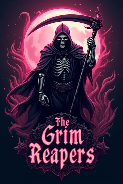 Game clan banner, ""The Grim Reapers"", graphic design, logo, emblem, quoted text emphasis, florescent souls background