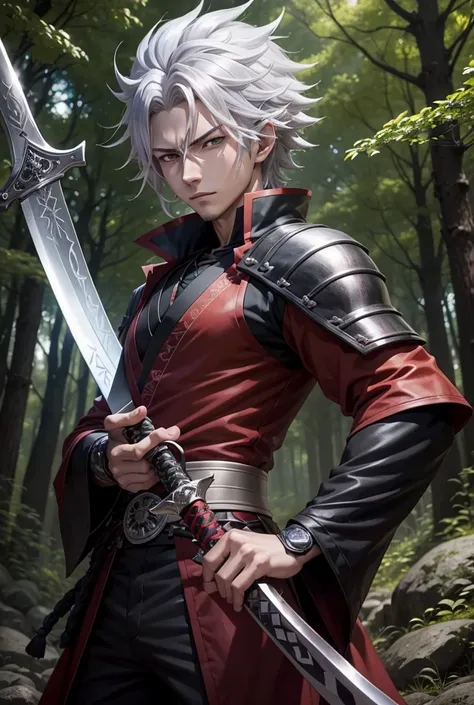 A close up of a person holding a sword in the forest,  handsome guy in the art of demon slayer , Nagito Komaeda, Red glow in the eyes, male  Anime character, official art, a crazy young man with silver hair ,  Anime character, Miyamoto Musashi, anime style...