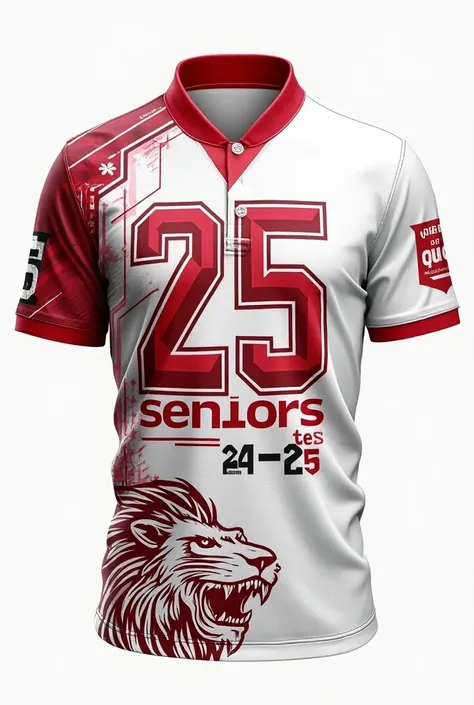 Generate a white shirt with red parts ,  that on the back has the number “25” and says “seniors” and on the front side on the top left it says “tes 24-25” and that on the right side there is a 30th anniversary logo, That on the side of the bottom there is ...