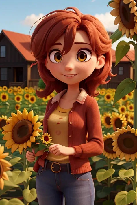 a young woman alone, with loose copper-colored fart, brown eyes ,holding some sunflowers 