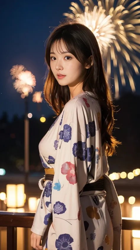 high resolution、Japanese women、Beauty、cute、Brown long hair hairstyle、Small face、Beautiful skin、Large breasts、Reality Stick、night、Fireworks、outside、Sexy pose、Sexy look、The yukata is long-sleeved and closed in the front、The yukata is not open in the front