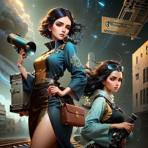  Arab Woman Standing on a Railroad Track with a Suitcase and Telescope, Book Cover Art , Tom Bagshaw Weta Studios,  Neo Art Core and Charlie Bowwater ,  Makoto Shinkai and Tom Bagshaw ,  Ghibli Tom Bagshaw , by Alexander Kucharsky,  Stylish Urban Fantasy A...