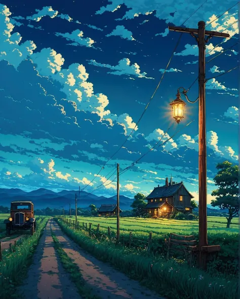 there is a painting of a country road with a light post, anime countryside landscape, high quality desktop wallpaper, amazing wallpaper, 4 k hd illustrative wallpaper, hd wallpaper, anime landscape wallpaper, high quality wallpaper, 4 k hd wallpaper very d...