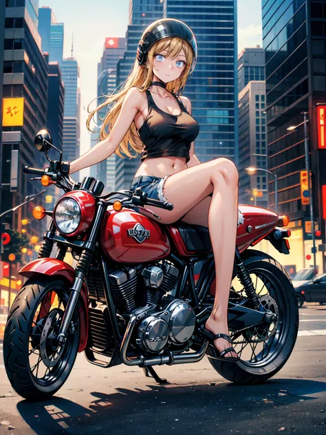 masterpiece, Best Quality,  High Resolution ,Alone, Accurate human body、Knowledgeable person、Correct 5 fingers,Brown skinned woman,A woman wearing a black tank top and denim shorts,blond woman sitting on a motorcycle with a helmet on, sitting on a motorcyc...